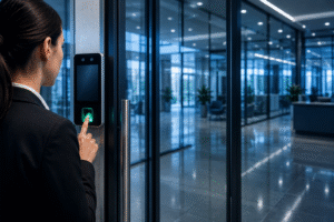 Lector biométrico y persona en ambiente corporativo