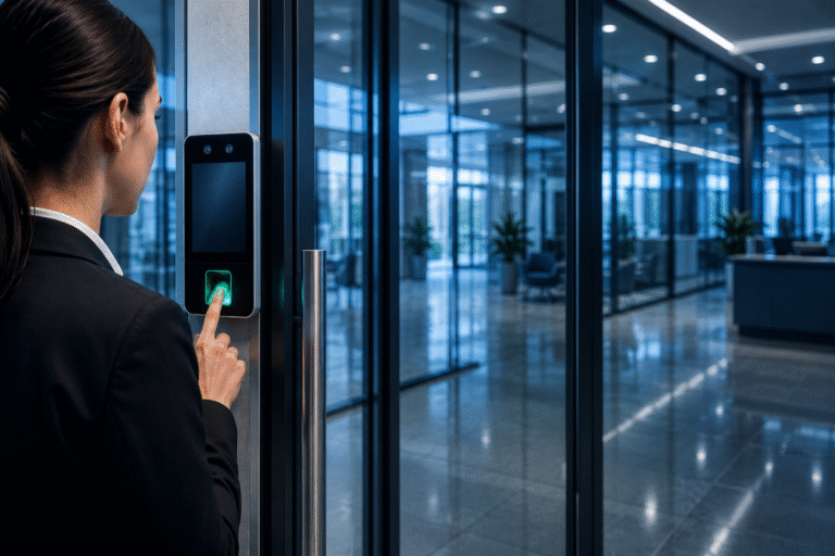 Lector biométrico y persona en ambiente corporativo