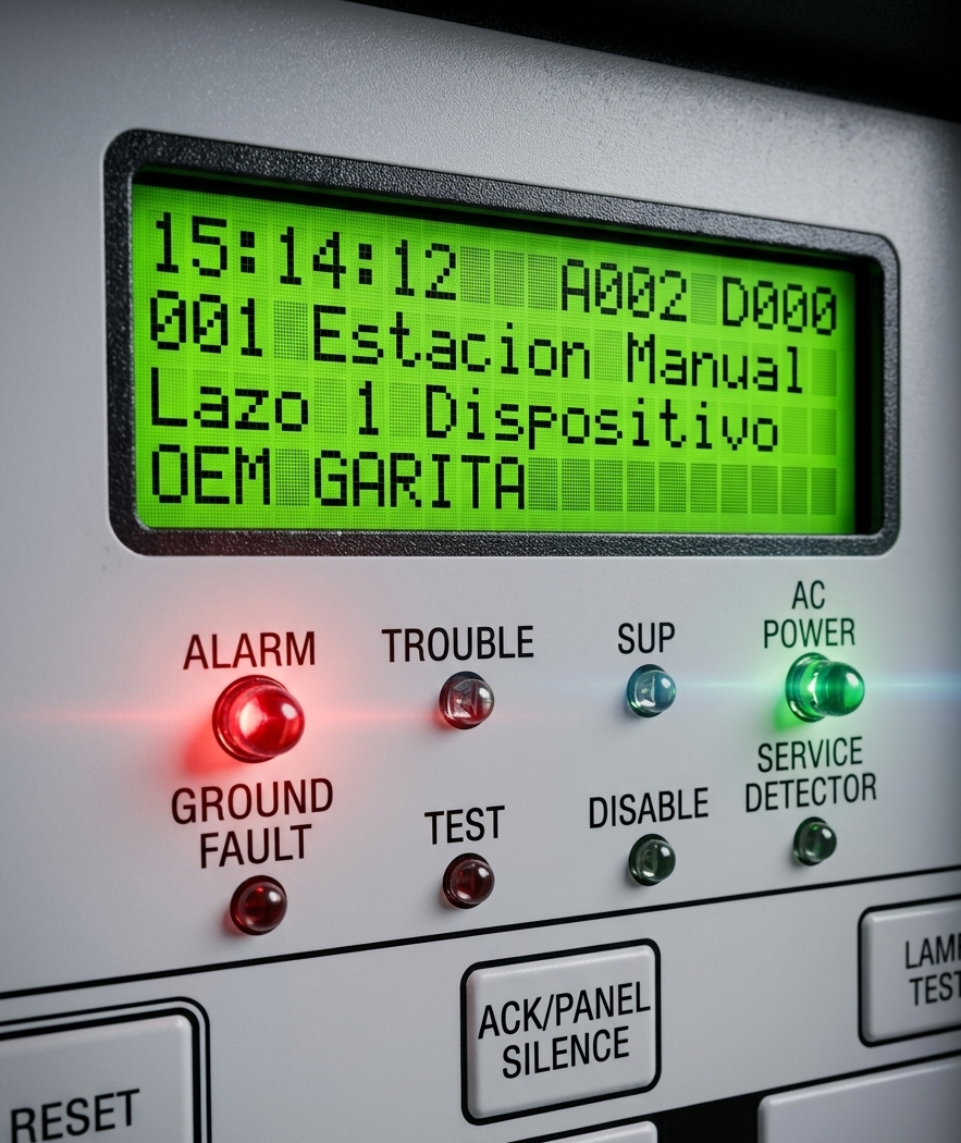 Señal de avería (trouble) en un panel de detección y alarma de incendios