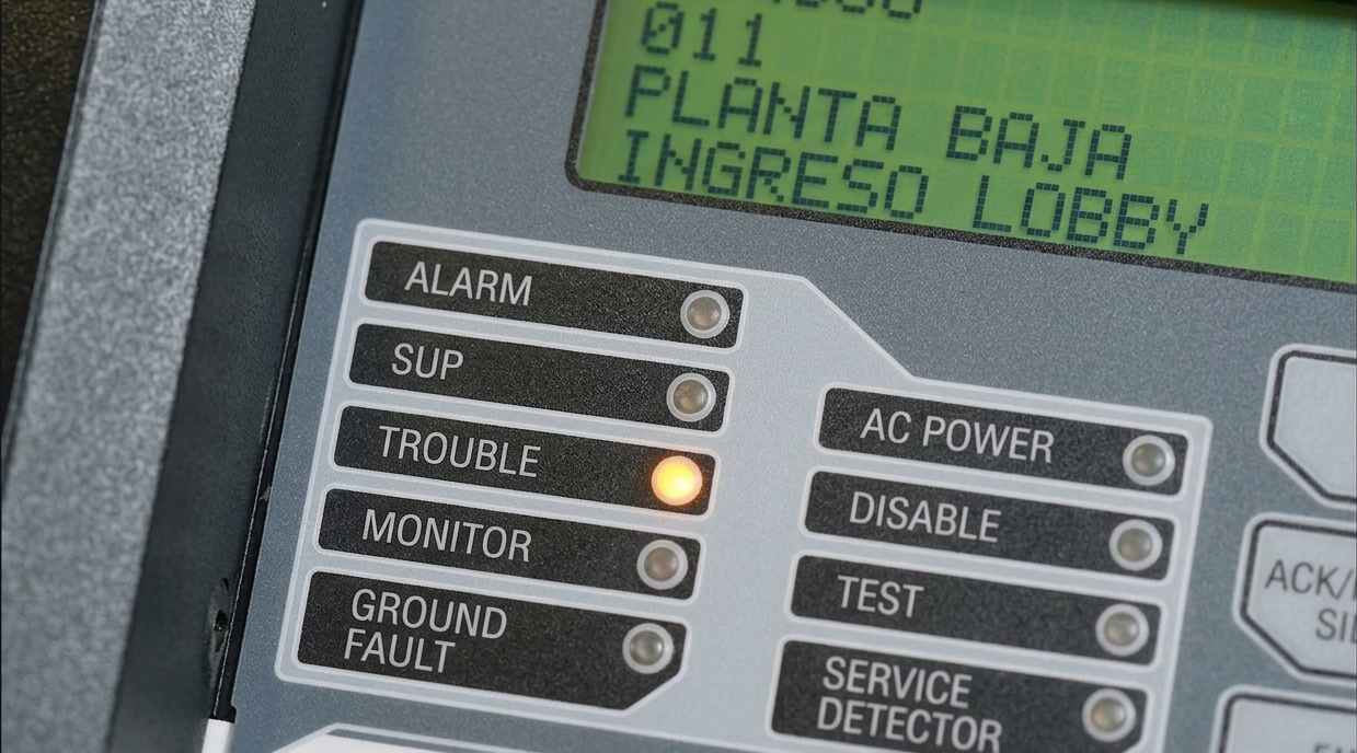 Señal de avería (trouble) en un panel de detección y alarma de incendios